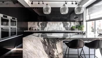 Modern kitchen design stainless steel, marble, and bright lighting equipment generated by AI photo