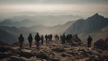 A group of men hiking up a mountain peak at sunset generated by AI photo