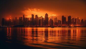 The illuminated skyscrapers reflect on the multi colored waterfront at dusk generated by AI photo