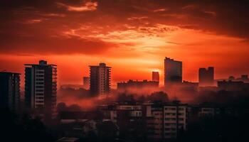 City skyline illuminated by sunset, reflecting multi colored beauty in nature generated by AI photo