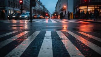 Rainy city night, traffic blurs, illuminated architecture, pedestrians cross generated by AI photo