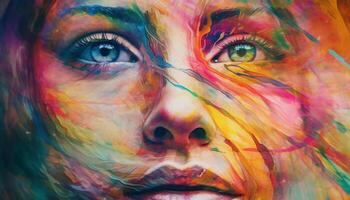 One woman vibrant, abstract portrait showcases creativity and sensuality generated by AI photo