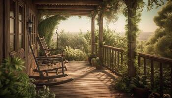 Rustic wooden bench in tranquil forest, perfect for relaxation outdoors generated by AI photo