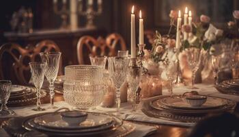 An ornate banquet table illuminated by candlelight and champagne glasses generated by AI photo