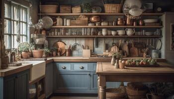 Rustic pottery and fresh flowers decorate modern kitchen counter design generated by AI photo