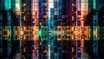 A futuristic cityscape with vibrant colors and geometric shapes generated by AI photo