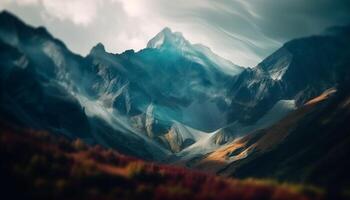 High up on the mountain peak, a tranquil scene unfolds generated by AI photo
