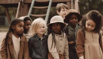 A multi ethnic group of cheerful children playing outdoors together generated by AI photo