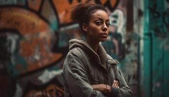 One young woman, looking at camera, exudes confidence and elegance generated by AI photo