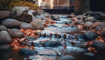 Tranquil scene flowing water, autumn leaves, and rocky landscape generated by AI photo