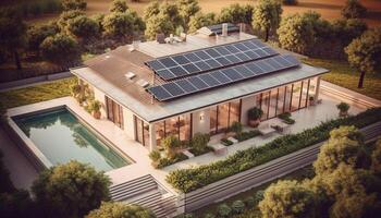 Clean solar energy powers modern residential building in nature landscape generated by AI photo