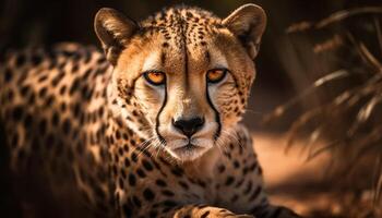 Wildcat beauty in nature Cheetah staring, alertness in animal eye generated by AI photo
