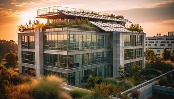 un futurista rascacielos refleja el puesta de sol en el moderno paisaje urbano generado por ai foto