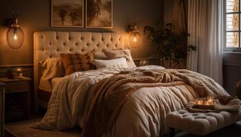 Cozy bedroom with fluffy pillows on a comfortable bed indoors generated by AI photo