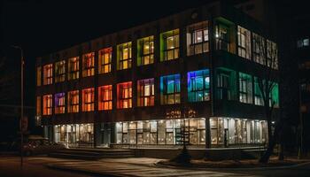 Modern skyscraper illuminates vibrant city skyline with multi colored lighting equipment generated by AI photo