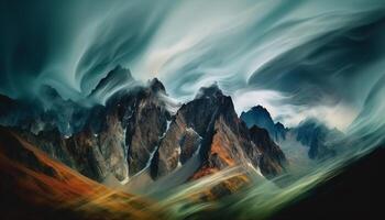 Majestic mountain range, towering peak, blue sky, nature beauty generated by AI photo