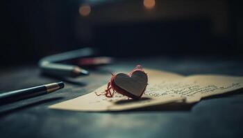 Love letter on rustic table, heart shaped candle, romantic celebration generated by AI photo