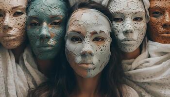 un creativo belleza máscara transforma un joven adulto retrato generado por ai foto
