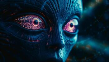 un escalofriante cyborg extraterrestre mira a cámara en futurista horror generado por ai foto