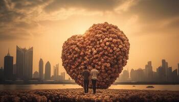 City skyline glows with love as businessman holds heart shaped symbol generated by AI photo