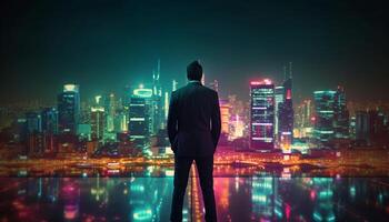 exitoso empresario caminando mediante iluminado ciudad horizonte a oscuridad generado por ai foto
