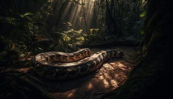 The poisonous viper slithers through the spooky tropical rainforest generated by AI photo