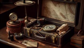 Antique leather suitcase holds old literature collection, a nostalgic journey generated by AI photo