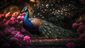 The majestic peacock vibrant feathers showcase nature natural beauty generated by AI photo