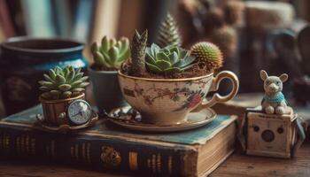 Antique literature on bookshelf, rustic coffee table, plant decoration generated by AI photo