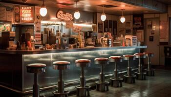 Modern bar counter illuminated with steel lighting equipment and machinery generated by AI photo