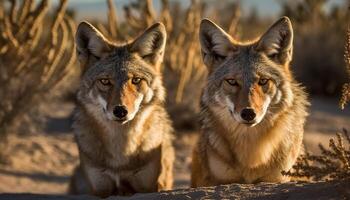 Gray wolf and red fox sitting in winter wilderness area generated by AI photo