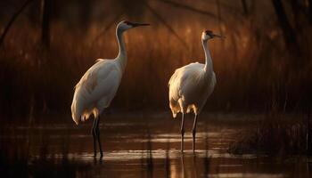 Silhouetted cranes standing in water, reflecting the tranquil sunset beauty generated by AI photo