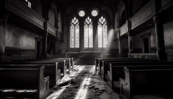 dentro el antiguo capilla, el antiguo banco de iglesia caras el altar generado por ai foto