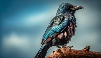 Endangered starling perching on branch, iridescent feathers shining purple generated by AI photo