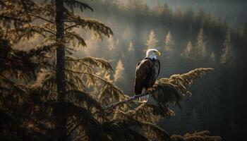 Bald eagle perching on branch, majestic hunter in tranquil scene generated by AI photo