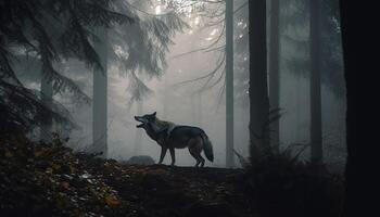 un escalofriante lobo clamoroso en el oscuro otoño bosque generado por ai foto