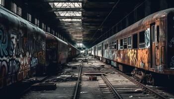 Abandoned railroad station, rusty metal, vanishing point, spooky night generated by AI photo