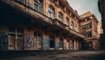 The old, abandoned building facade was weathered and rusty generated by AI photo