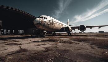 Abandoned cargo airplane, damaged fuselage, mid air danger, broken engine generated by AI photo