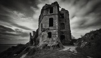 Abandoned chapel in spooky rural scene, a monument to history generated by AI photo