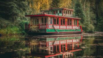 A tranquil scene of a blue boathouse on a pond generated by AI photo