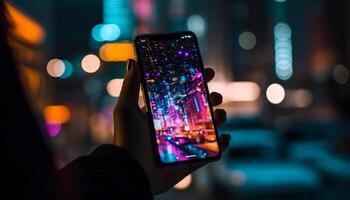 un joven adulto participación un inteligente teléfono fotografias ciudad la vida nocturna generado por ai foto