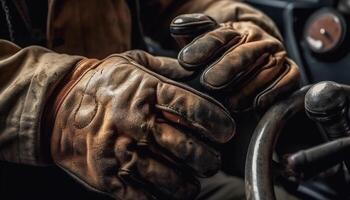 Old leather biker glove grips steel wrench on antique motorcycle generated by AI photo