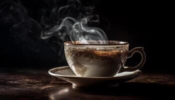 Steam rises from hot coffee, a rustic still life scene generated by AI photo