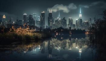 el moderno ciudad horizonte brilla con multi de colores reflexiones a noche generado por ai foto