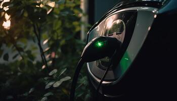 Electric car illuminates city night, reducing pollution and emissions generated by AI photo