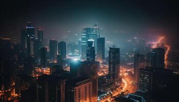 Noche paisaje urbano de financiero distrito, rascacielos iluminado en azul generado por ai foto