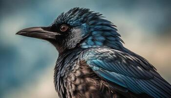 Starling perching on branch, feathers shining in tranquil forest generated by AI photo