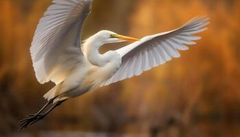 Spread wings, yellow egret takes flight in tranquil swamp scene generated by AI photo