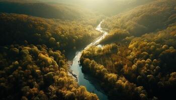 Aerial view of tranquil forest landscape, autumn leaves and water generated by AI photo